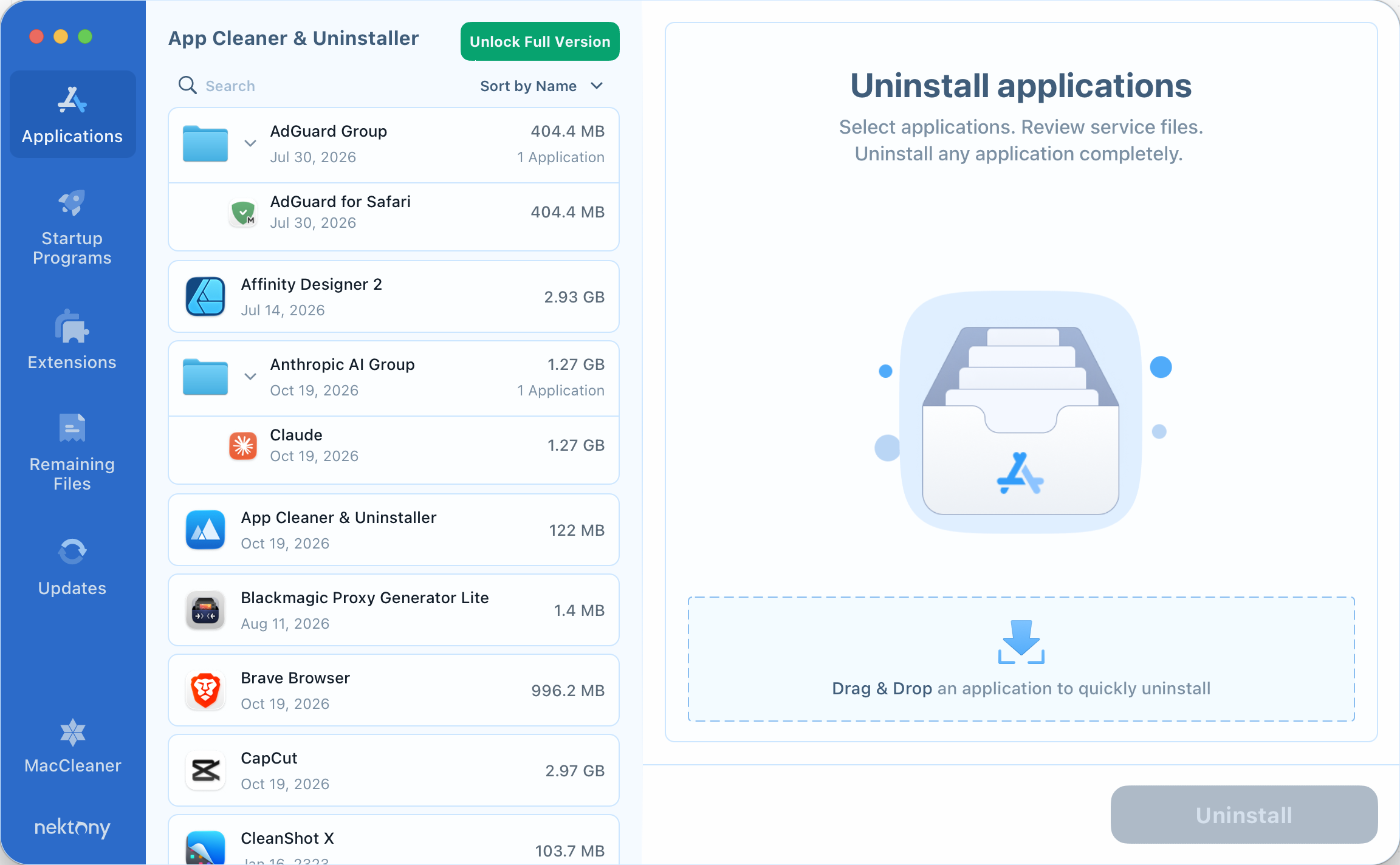 App Cleaner showing the Applications list, with Uninstall applications and a drag-and-drop area